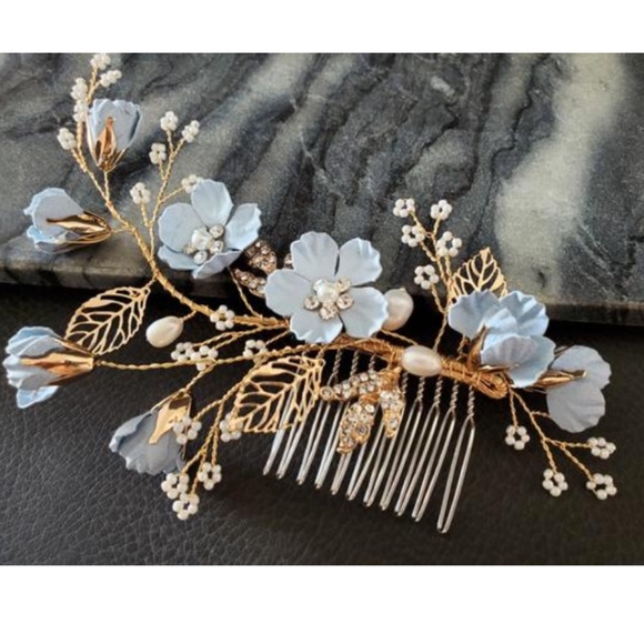 Blue Floral Comb Large Piece Beach wedding Bride main image 4